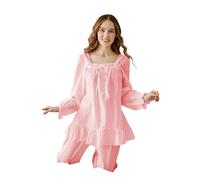 QIKEGooods 100% Cotton 2 Pieces Victorian Nightgown Set Long-Sleeve women Nightdress Pajamas Sleep Shirt