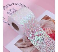 QILANJO 10 Yard Glitter Sequin Trim Bling Flat Sequin Elastic Spangle Mesh Wrap Ribbon for DIY Wreaths Bows Embellish Christmas Party Decor, 6 cm-White