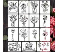 QILANJO 15 Pcs/Set Flowers Vase Painting Stencils 7.8X5.9 Inch Creative Plants Mason Bottles Envelope Patterns Reusable Plastic Drawing Templates for Art Crafts, DIY, Scrapbooking, Cards, Style A