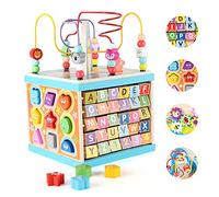 Qilay Wooden Activity Cube for Toddlers 1-3 (L), 5 in 1 Multipurpose ABC-123 Abacus Bead Maze Shape Sorter | Early Educational Toy for Toddlers - First Birthday Present for Boys Girls