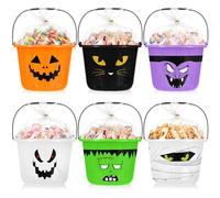 Qilery 6 Sets Halloween Trick or Treat Bucket Gift Set, 7 x 6 x 6 Inch Large Plastic Candy Buckets with Handles, Transparent Gift Bags and Gold Tie for Halloween Party Favor Supplies Decorations
