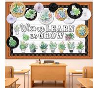 Qilery 66 Pcs Succulents Potted Bulletin Board Set When We Learn We Grow Plant Bulletin Board Cutouts Black Dot Bulletin Board Border Paper Fans Classroom Decoration for Back to School Chalkboard Wall