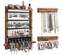 QILICHZ 3Pcs Jewelry Organizers and Storage,Wood Hanging Jewelry Organizer,Rustic Wall Jewellery Organizer,Wall Mounted Earring Holder Organizers for Storage Display Gift (Brown+Black)