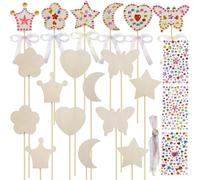Qililandiy 18 Pcs 6 Styles Unfinished Wooden Princess Wand Craft Kit Include Fairy Wands, 3 Gems Stickers, Ribbons Decorate Art DIY for Magical Show Party Supplies
