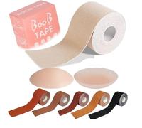 Qilly Boob Tape, Bob Tape for Large Breasts, Self-Adhesive Waterproof Strapless Boobtapes with 2 Pcs Nipple Covers, 5M Stretchable Longer Than Regular Roll, Perfect to Stick on Bra (Beige)