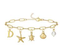 QILMILY Initial Charm Bracelet for Women, Waterproof Sea Turtle Starfish Seashell Surfer Bracelet, Paperclip Gold Bracelet for Women Letter D