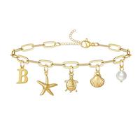 QILMILY Initial Charm Bracelet for Women, Waterproof Sea Turtle Starfish Seashell Surfer Bracelet, Paperclip Gold Bracelet for Women Letter B