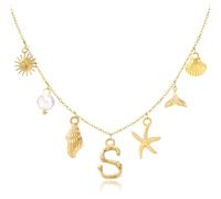 QILMILY Initial Charm Necklace for Women Boho Seashell Letter Necklace 14K Gold Plated Beach Necklace Summer Shell Necklace for Girls Starfish Surfer Jewelry Gift, Stainless Steel, No Gemstone