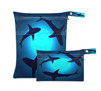 Qilmy 2pcs Sea Shark Wet Dry Bag Waterproof Reusable Baby Cloth Diaper Wet Dry Organizer for Travel, Beach, Stroller, Diapers, Wet Swimsuits, Toiletries