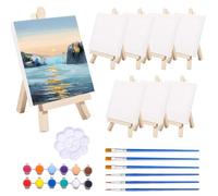 QILUCKY 8 Pack Mini Canvas and Easel Set, Adjustable Wooden Tabletop Display easels with Paint Brushes, Paint Palette, Mini Frame setfor DIY Painting Activities, Home Decor