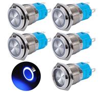 QIMEI-SHOP Push Button Switch 16mm Waterproof Latching Switch 12V/24V 3A Brass 5 Pin with Blue Ring LED Light for Car Boat Motorcycle 5 Pcs