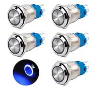 QIMEI-SHOP Push Button Switch Waterproof 16mm Momentary Switch 12V/24V 3A Brass 5 Pin with Blue Ring LED Light for Car Boat Motorcycle 5 Pcs