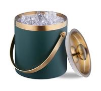 qimoi Ice Bucket, Stainless Steel, Double-Walled, Ice Bucket with Lid & Handle, 2 L, Bucket Green & Gold