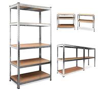 Qimu 180cm x 90cm x 40cm 5 Tier Metal Garage Shelving Unit MDF Boltless Design Storage Shelves, 875kg Total Capacity Garage Racking Units, Heavy Duty Utility Racking Galvanised