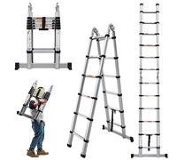 Qimu Aluminum Telescopic Extension Ladder A-Frame 2-in-1, Portable Collapsible with Stabilizer Bar,6+6 Steps Adjustable Height, 12.5FT in Straight Line & 6.25FT A-Frame, 330lbs Max Load Black