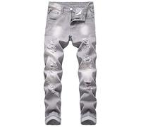 QIMYUM Men’s Ripped Jeans Slim Straight Leg Distressed Destroyed Pant with Holes - Grey - 28