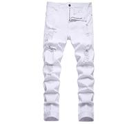 QIMYUM Mens Ripped Jeans, Distressed Destroyed Slim Fit Straight Leg Denim Pants, White7021, 34