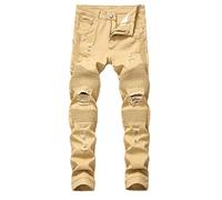QIMYUM Men's Slim Fit Jeans Ripped Skinny Jeans for Men, Fashion Biker Jeans Stretch Moto Cargo Denim Pants, Khaki, 34