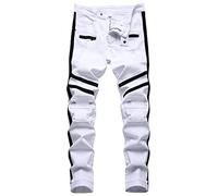 QIMYUM Men's Slim Fit Stretch Jeans Distressed Straight Leg Denim Pants, Fashion Biker Jeans Ripped Skinny Jeans for Men, White, 34