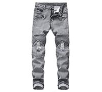 QIMYUM Men's Slim Fit Stretch Jeans Distressed Straight Leg Denim Pants, Fashion Biker Jeans Ripped Skinny Jeans for Men, Gray, 34