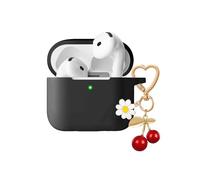 QIMZBAAT for Airpods 4 Case Cover,Soft Silicone Protective Cover with Cute Cherry Daisy Flower Charm Keychain Accessories for Apple Airpods 4th Generation Charging Case for Women Men Black