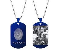 Qina C. Personalized Engraved Custom Oval Fingerprint Footprint Picture Photo Love Note Text Dog Tag Pendant 24 with N Memorial Gifts F/Son Daughter Dad Mom Family Christmas Gift Keepsake Blue