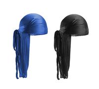 QincLing 2 PCS Long Tail Durag, Unisex Silk Durag 360 Waves Headwraps Wide Straps Pirate Hair Loss Chemo Cap Bandana Turban Hat for Women and Men Hip-hop and Daily Decoration (Black, Royal Blue)