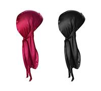QincLing 2 PCS Long Tail Durag, Unisex Silk Durag 360 Waves Headwraps Wide Straps Pirate Hair Loss Chemo Cap Bandana Turban Hat for Women and Men Hip-hop and Daily Decoration (Black, Wine red)