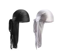 QincLing 2 PCS Silk Durag Cap, Long Tail Durag Bandana 360 Waves Headwraps Wide Straps Pirate Hair Loss Chemo Cap Turban Hat for Women and Men, Hip-hop and Daily Decoration