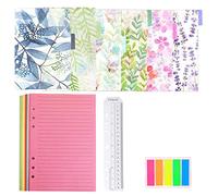 QincLing Refillable A5 Notebook Set，1 Pack 50 Sheets 6 Holes Loose-Leaf Lined Refill Paper, 6 PCS PVC Binder Index Dividers Subject Dividers, Ruler And 125 Pcs Note Flags Index Tabs