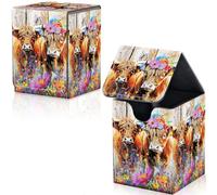 Qindaiwen Card Deck Box for Trading Cards, MTG Deck Box Fits 100+ Single Sleeved Cards, PU Leather Strong Magnet Card Deck Case Holder for Magic Commander TCG CCG, Cute Highland Cows