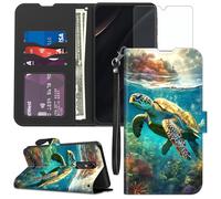 Qindaiwen for Consumer Cellular Iris Connect Wallet case with Screen Protector, RFID Blocking Credit Card Holder Kickstand, Folio Flip PU Leather Shockproof Protective Cover, Sea Turtle