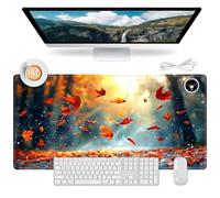 Qindaiwen Heated Mouse Pad, PU Leather Heated Desk Pad, Fast Warm Desk mat with 5 Heating Levels, 23.6" x 14" Mousepad for Home Office Gaming, Falling Leaves