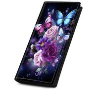 Qindaiwen RFID Wallet for Women, PU Leather Wallets for Women Men with Money and Phone Pockets, Multiple Card Slots, Dual Magnetic Clasp Closure Bifold Wallet - Ideal for Gift, Horse, Butterfly Flower
