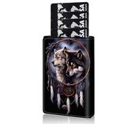 Qindaiwen Slim Wallet for Men, Pop Up Card Holder RFID Blocking Metal Wallet Sunflower Design Holds Up to 9 Cards, Pop Up wallet for Notes and Coins and Debit Cards, Dreamcatcher Wolf 02, Minimalist