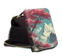 Qindaiwen Slim Zipper Card Wallet for Women - RFID Blocking Mini Wallet, PU Leather Small Credit Card Holder & Coin Pocket, Travel-Friendly Card Organizer, Pink Tree Landscape, Zipper Card Wallet