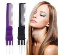 QinfanVi 2 Pack Lift Teasing Comb With Metal Prong,Professional Hair Styling Combs for Women Men,hair Comb With Stainless Steel Lift,Hairdressing Comb for Styling Lifting Back Hair (Black and purple)
