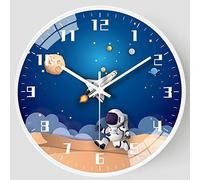 QINFIEY 12 Inch Silent Movement Kids Wall Clock, Non Ticking Children Round Wall Clock Battery Operated Space Travel Style Decor Children Clock for Home School Boys Bedroom Living Room (White)