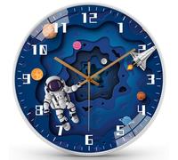 QINFIEY 12 Inch Silent Movement Kids Wall Clock, Non Ticking Children Round Wall Clock Battery Operated Space Travel Style Decor Children Clock for Home School Boys Bedroom Living Room