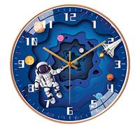 QINFIEY 12 Inch Silent Movement Kids Wall Clock, Non Ticking Children Round Wall Clock, Battery Operated Space Travel Style Decor, Blue