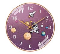 QINFIEY 30.5 cm Silent Movement, Children's Wall Clock, Non-Ticking, Round Wall Clock, Battery Operated, Space, Travel Style, Decoration, Children's Clock for Home, School, Bedroom, Living Room (Pink)