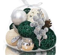 Qingbei Rina Christmas Bowl Fillers Silver,Decorative Balls for Centerpiece Vase Fillers,Assorted Wicker Rattan Balls,Winter Orbs Woven Spheres Holiday Farmhouse Home Decor