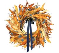 Qingbei Rina Fall Wreaths for Front Door Outside, 24 Inch Fall Outdoor Wreath with Blue Bow Wheat Ears Orange Leaves, Autumn Door Wreaths Harvest Indoor for Thanksgiving Farmhouse Home Decor