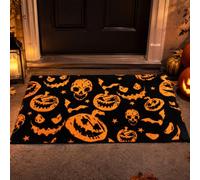 Qingbei Rina Halloween Outdoor Mats with Pumpkin Bat Skeleton-40x70cm | Dirt Trapper with Non-Slip TPE Backing, Low Profile,Stain & Fade Resistant,Outside Welcome Mat for Entrance,Orange and Black