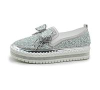 QINGCOMFACAI Women's Rhinestones Glitter Slip On Sneakers Cute Bowknot Flat Walking Loafers Platform Dress Shoes, Silver, 8 UK