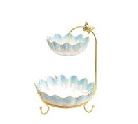 QINGGANG-0224 Decorative Centerpiece Ceramic Tiered Serving Bowls Tray with Metal Rack, Fruit Bowl, Stand for Countertop, Basket Vegetable Snacks Nuts Bread Candy Storage(Light Blue)