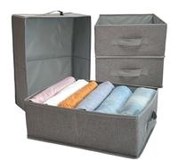 QINGGENG Wardrobe Storage Organiser with Handles, Foldable Clothes Drawer Organiser for Jeans, Trouser, Underwear, Socks, Bras, Stackable Closet Storage Baskets, Pack of 4, Grey