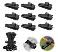 QINGHEC 10 Sets Heavy Duty Tarpaulin Clips, Tent Clips, Awning Clamp, Linoleum Awning Clamp with Bungee Balls for Outdoor Camping, Tarpaulin, Caravan Canopies