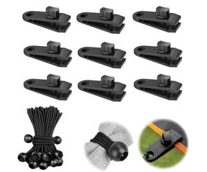 QINGHEC 10 Sets Heavy Duty Tarpaulin Clips, Tent Clips, Awning Clamp, Linoleum Awning Clamp with Bungee Balls for Outdoor Camping, Tarpaulin, Caravan Canopies