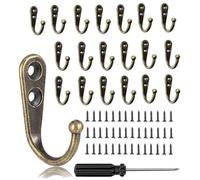 QINGHEC 20 Pcs Small Coat Hooks Wall Mounted - Vintage Single Metal Robe Hooks for Door Hanging Keys Clothes - Brass Hooks with 40 Screws and Screwdriver